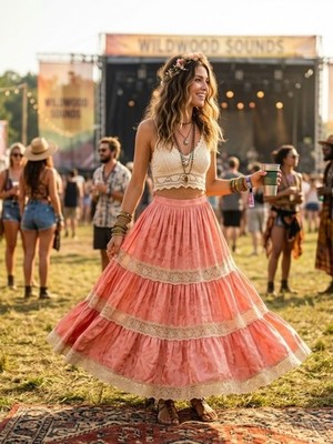    Spell Ocean Lace Tiered Maxi Skirt In Coral Free People Exclusive Size Small