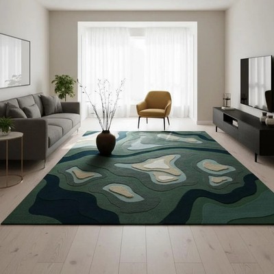Forest Green Hand Tufted Abstract Area Rug, Handmade 100% New Zealand Wool