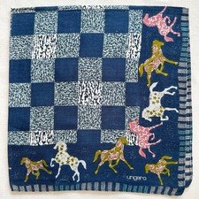 VTG Cotton Blue Check Plaid Handkerchief Horse Border Playful Pocket Square 18 P