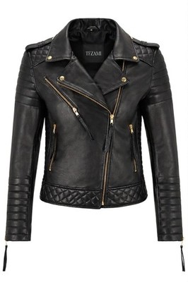 TFZAMI Ladies Real Leather Biker Jacket Classic Black Motorcycle Style 100% Pure