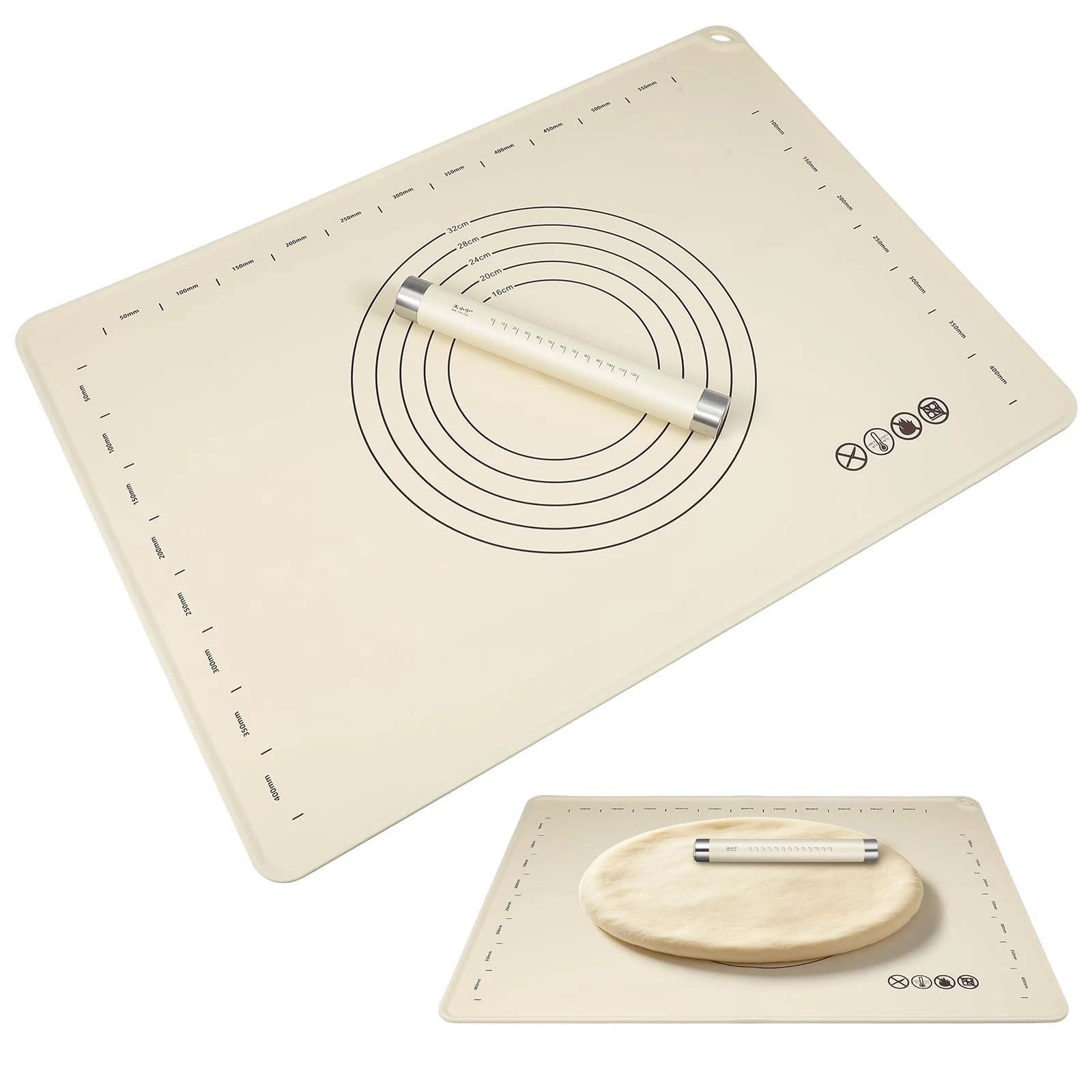 Silicone Baking Mat and Rolling Pin Set - Large Non-Slip Pastry Mat & Non Sti...