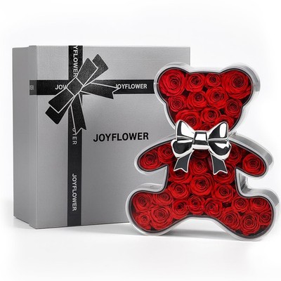 JoyFlower Preserved Roses Bear Gift for Women, Romantic Eternal Flowers Red 