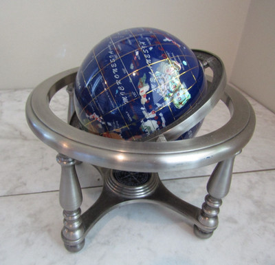 7'' Tall Blue Lapis Ocean Table Top Gemstone World Globe with Compass On Tripod
