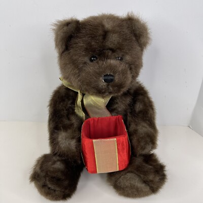 Vintage Gund Teddy Bear Brown Stuffed Plush holding gift box gold bow ...
