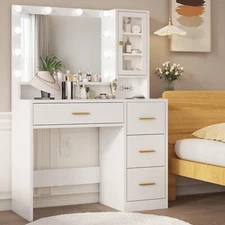 Makeup Vanity Desk with 4 Drawers Vanity with Mirror and Lights Storage Cabinet_