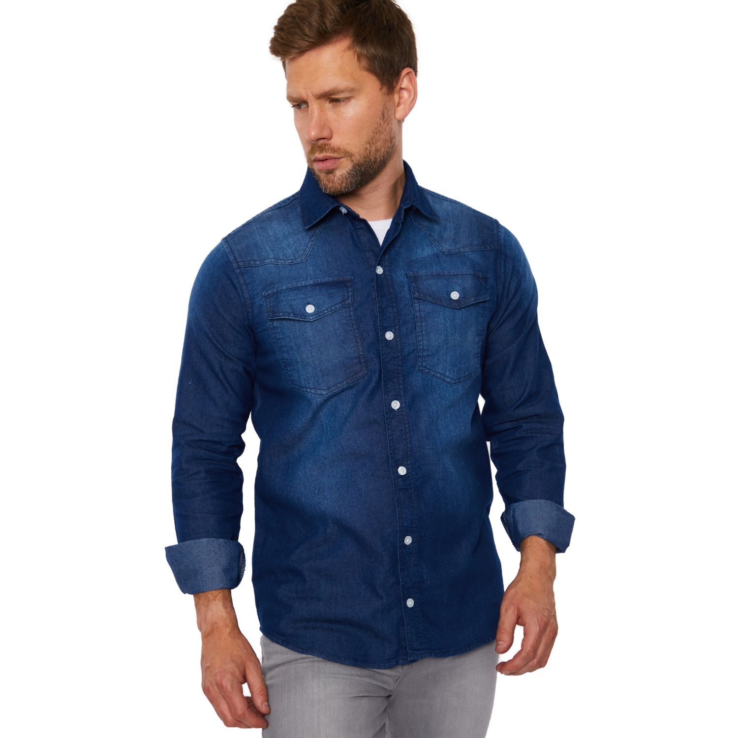 Mens Denim Shirt Cotton Shirts Summer Button Up Long Sleeve Solid