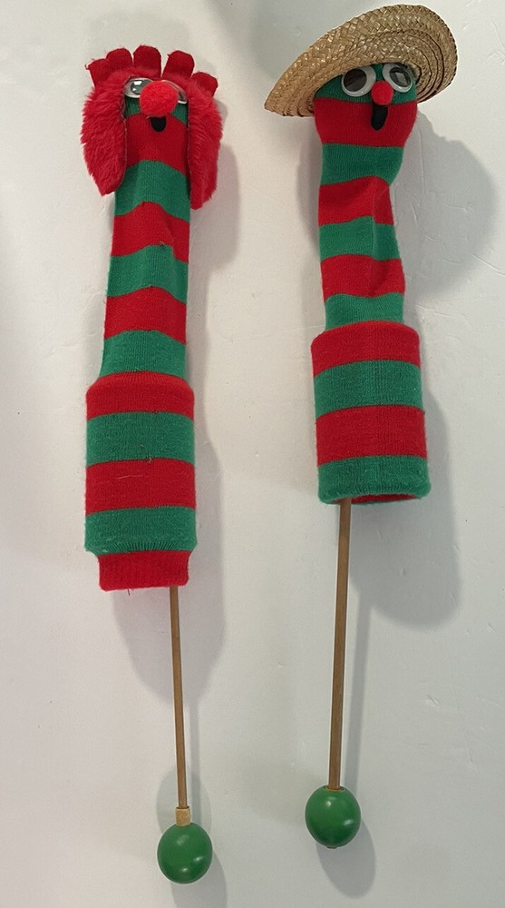 VTG Handmade Puppets On A Stick Spring Loaded 22” Boy & Girl Green & Red Socks