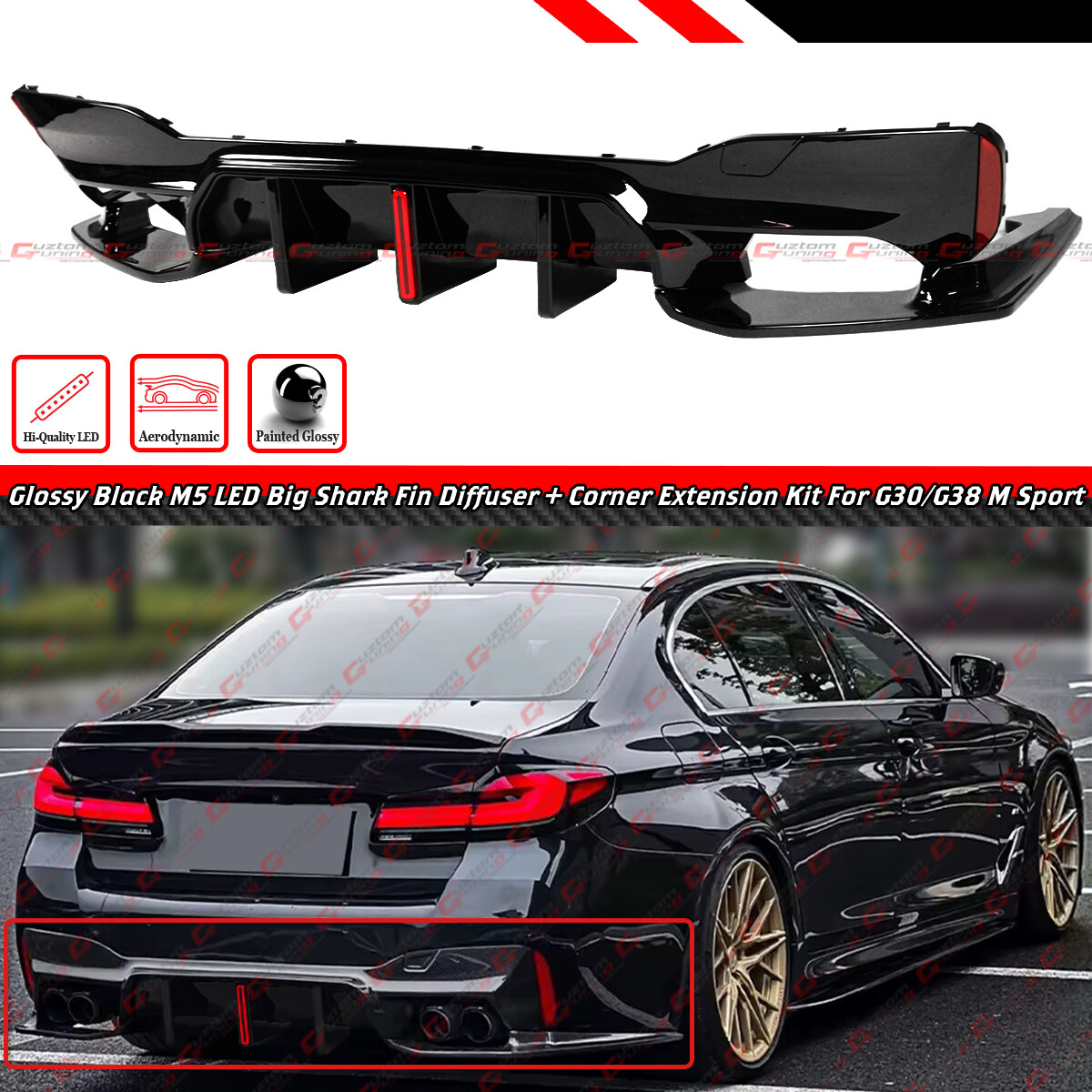 For 17-23 BMW G30 G38 Big Fin M5 Style Gloss Black LED Rear Bumper