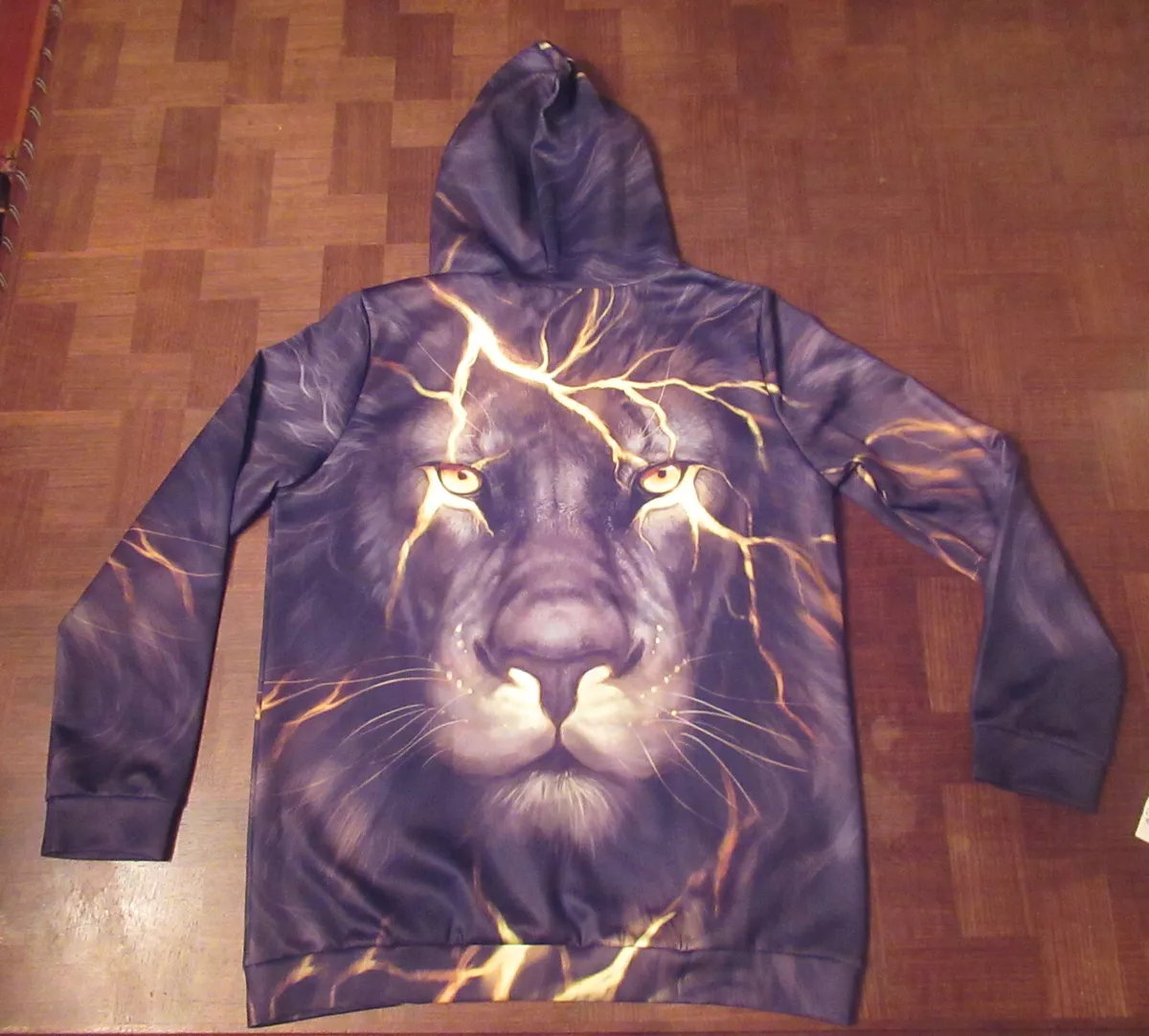 Women’s lion lightning bolt long sleeve hoodie, front & back image, size XL or L