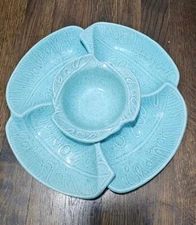 USA Pottery 298 Cal Style Teal Blue Leaf Pattern Chip and Dip 3pc Set