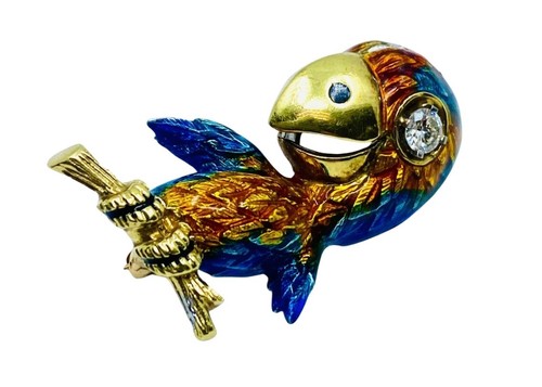 Vintage Parrot Brooch 14k Gold Diamond Enamel - Picture 4 of 8