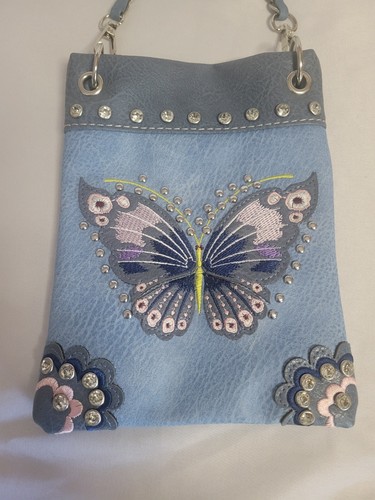 Slate Blue Butterfly Embroidery Style Crossbody Bag - Picture 2 of 10