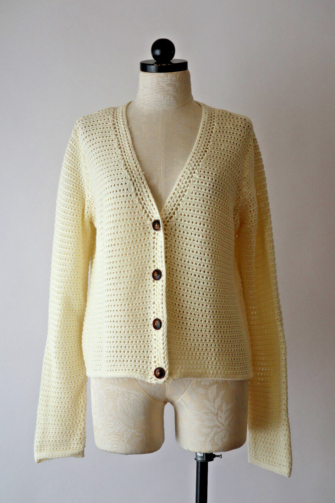 Joie Cream Cotton Open Weave Pointelle Crochet Knit Top Cardigan