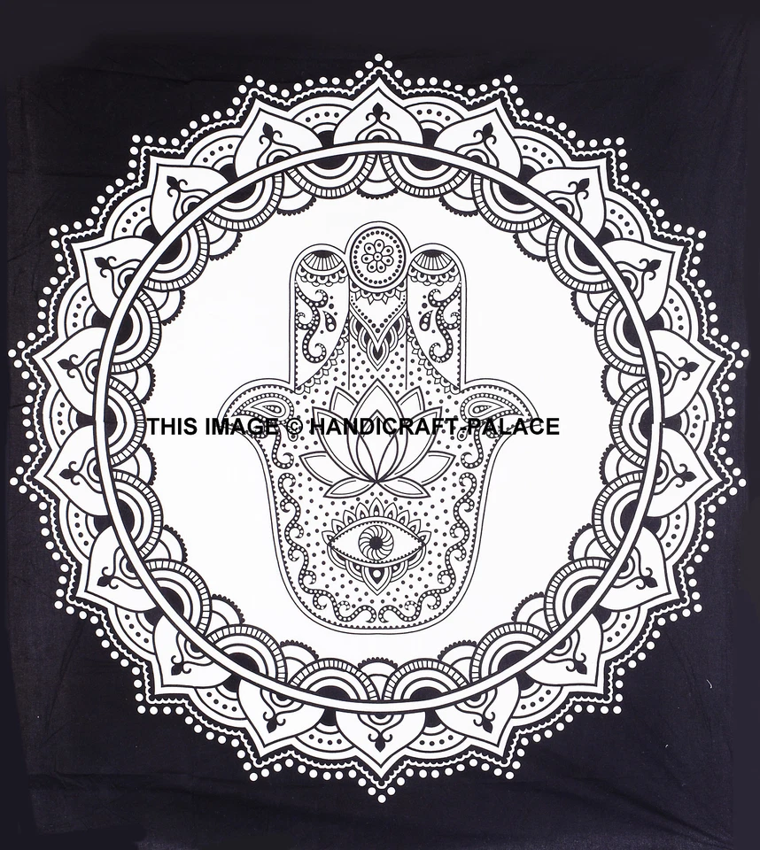 Indian Black & White Humsa Fatima Mandala Bedsheet Bedspread Queen Bedding Set - Image 2 of 3