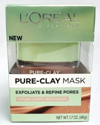 L Oréal Pure-Clay Mask Exfoliate and Refine Pores 1.7 oz. 3 Pure Clays+Red Algae
