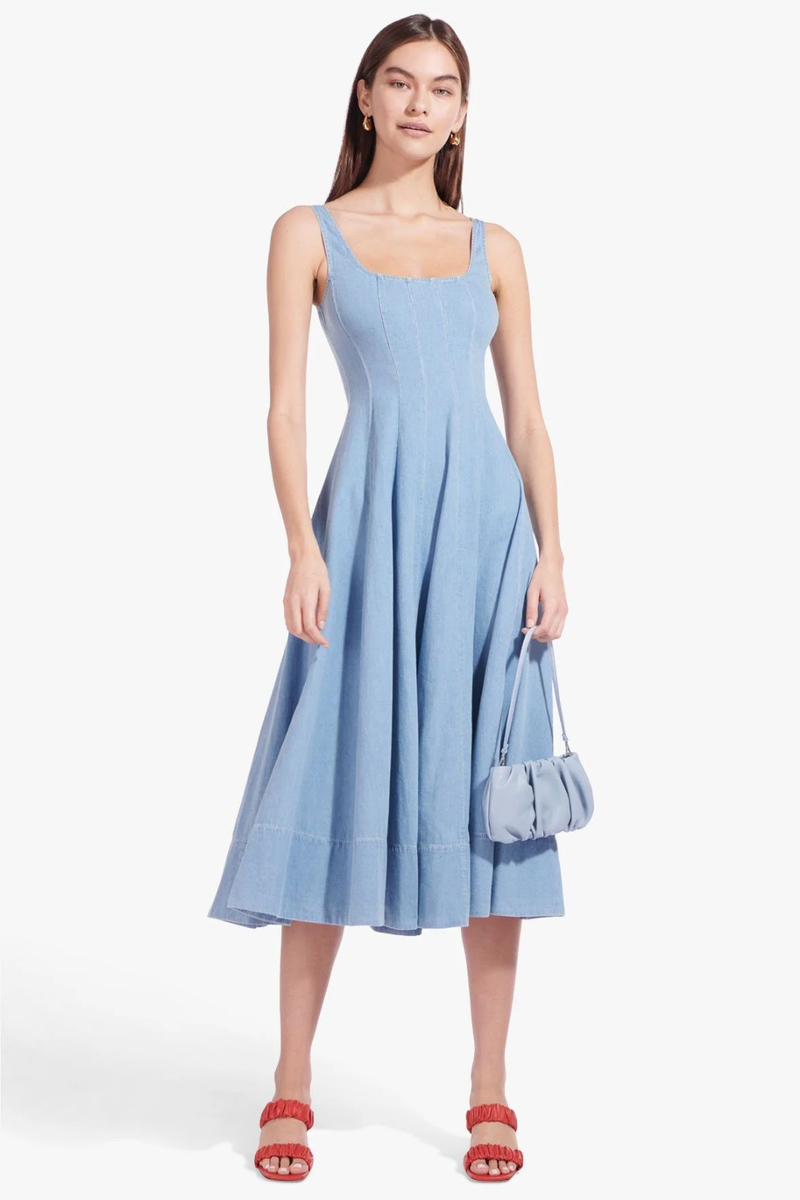 staud denim dress Leone linen-blend denim minidress in blue - Staud