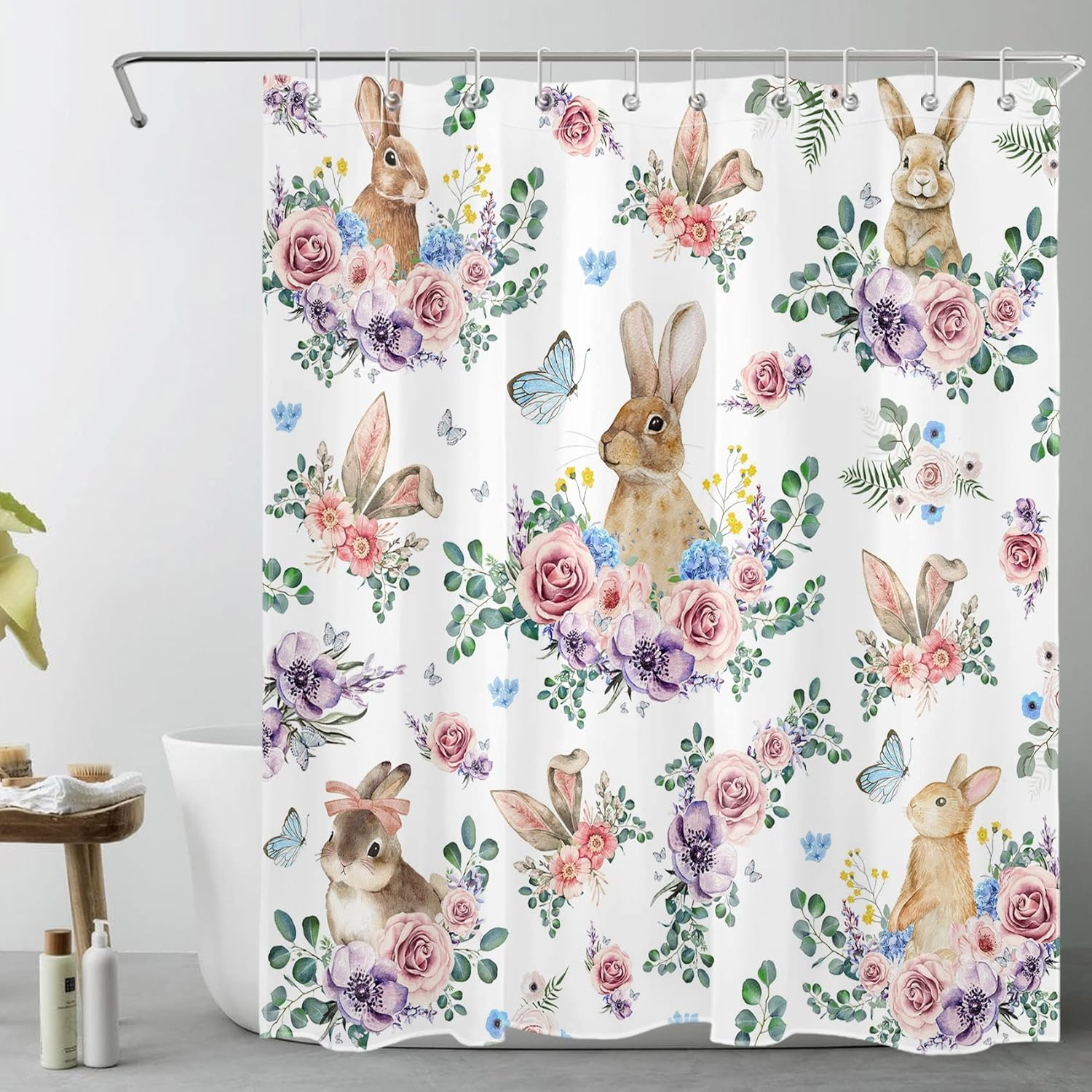 Easter Rabbit Shower Curtain for Bathroom,Colorful Floral 60''Wx72''L White