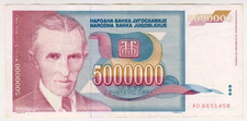 1993 Yugoslavia 5 Million Dinara Nikola Tesla 6651458 Paper Banknotes Currency