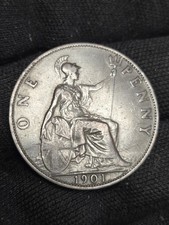 1901 Queen Victoria One Penny Coin, Lovely Condition With Dark Toning