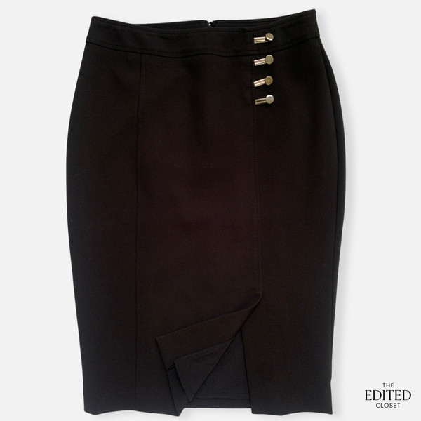 PORTMANS Black Pencil Skirt High Waist Office Work Split Button Stretch Sz 8 S