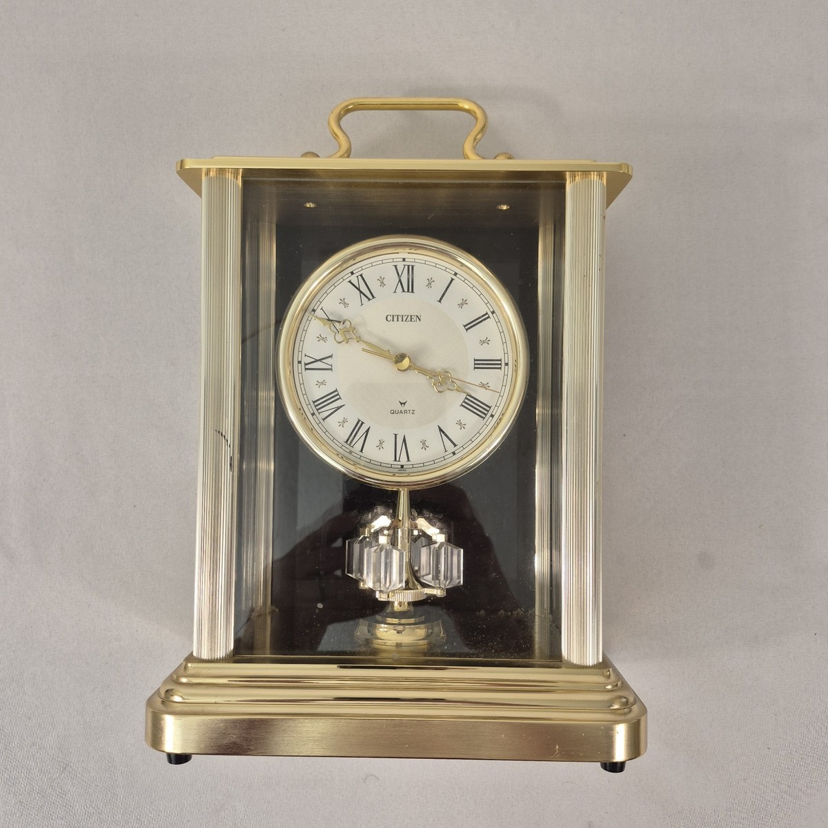 Citizen Quartz Mantel Clock Gold Tone Glass Case Rotating Pendulum