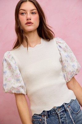 SO ME Floral Cotton Contrast Sleeves Scallop Sweater Top - XLarge