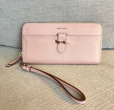 Anne Klein Pink Zip Around Pebbled Leather Wallet Gold Bow Buckle Wristlet NEW
