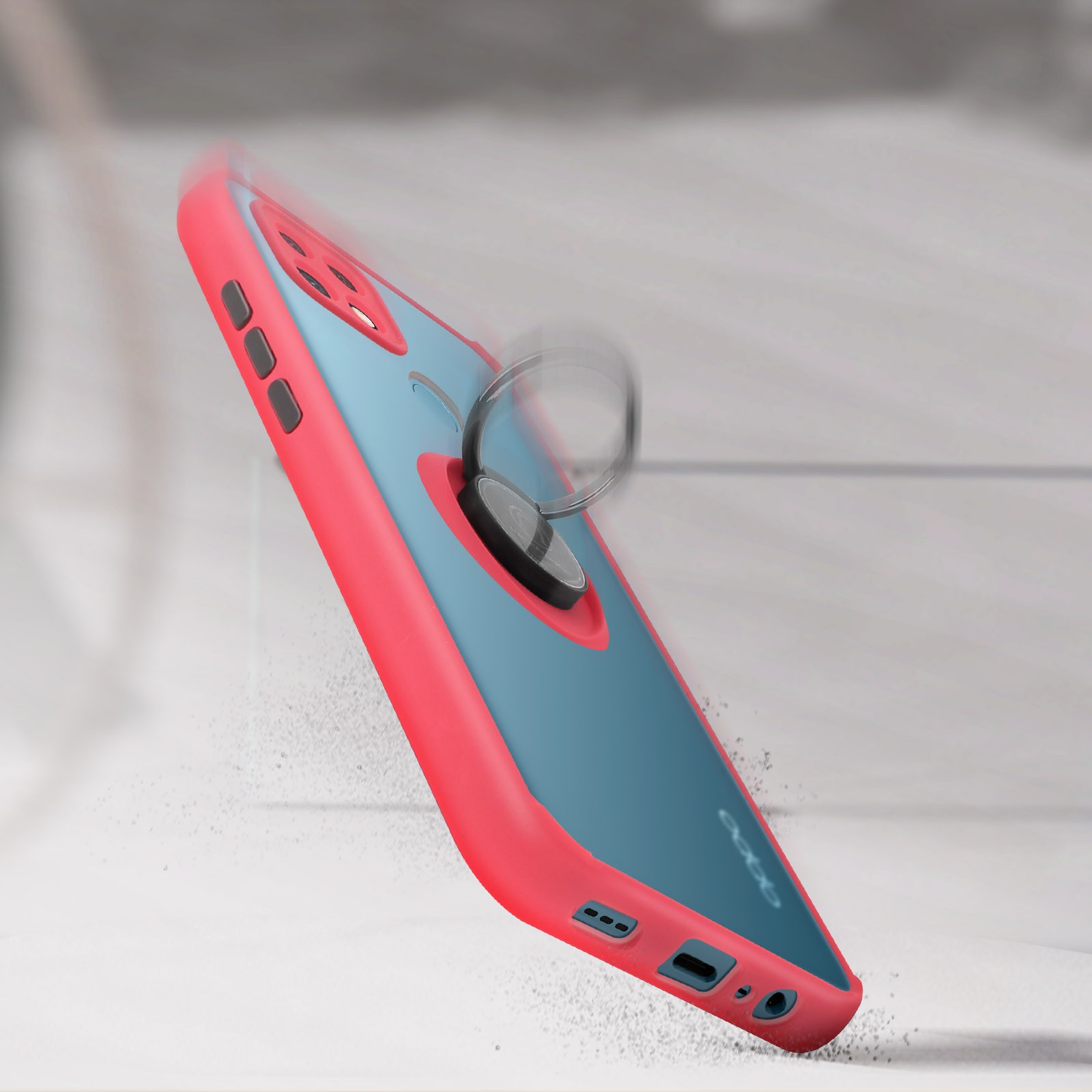 Coque Oppo A15 antichoc avec anneau métal et support intégré rouge