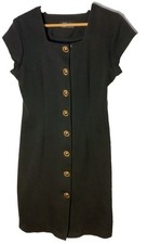 Vintage All That Jazz Dress 38 M/L Bust Black Short Slv Silver Gold Button Retro