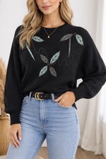 Vintage 80s/90's Silk/Angora Blend Black Beaded Leaf Pullover Sweater Size Small