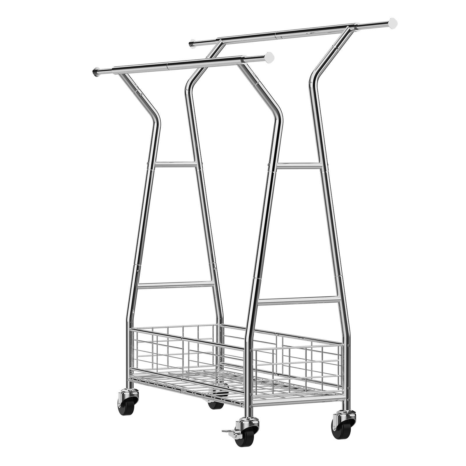 Uimoso Rolling Clothes Garment Rack 2 Hanging Rods & Storage Basket Extendable
