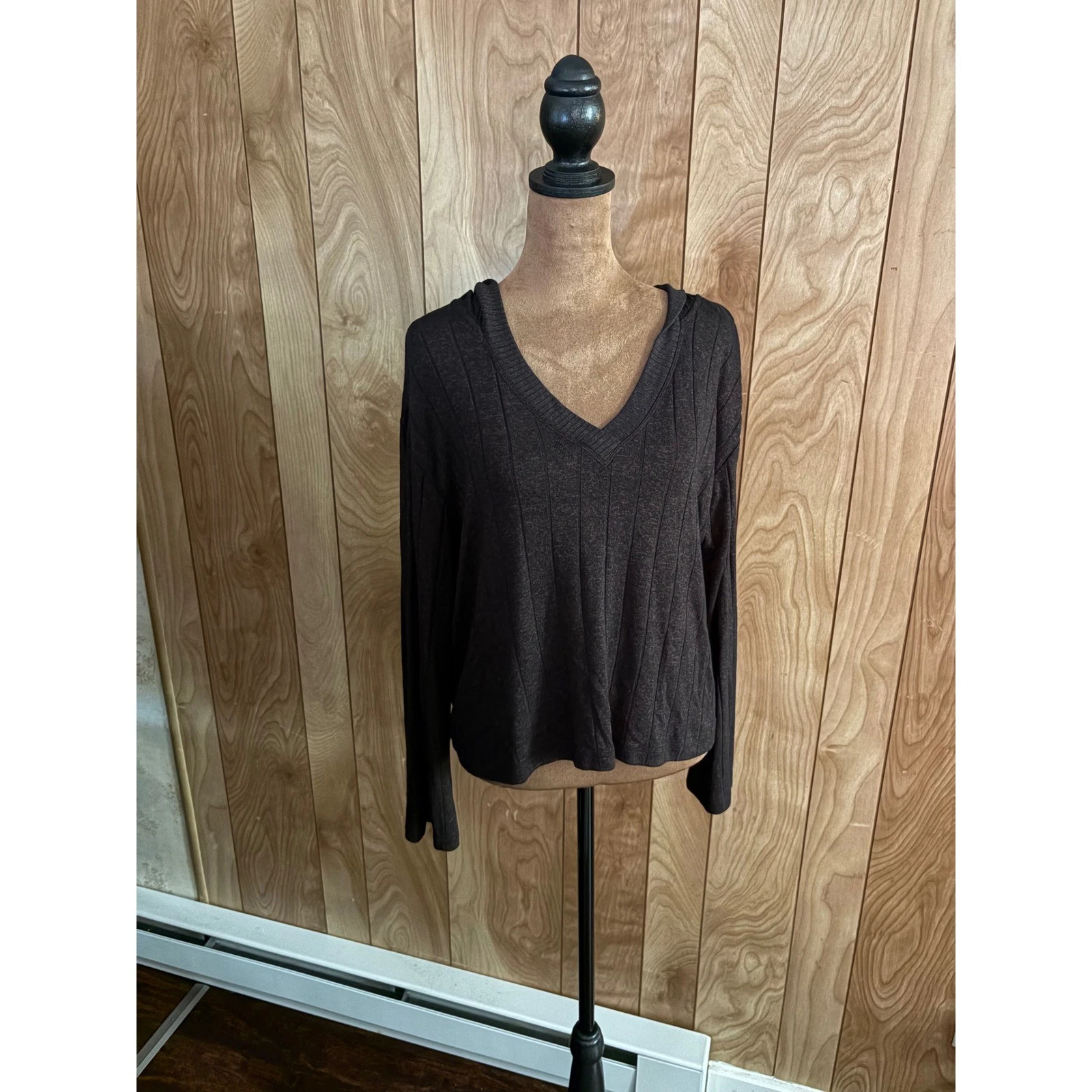 Athleta Harmony Pose Hoodie Sweatshirt Mahogany Brown Heather Ribbed V-Neck S