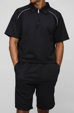 Boohoo Man Men's Oversized Boxy Raglan Scuba Polo & Short Set Black Size M NWT