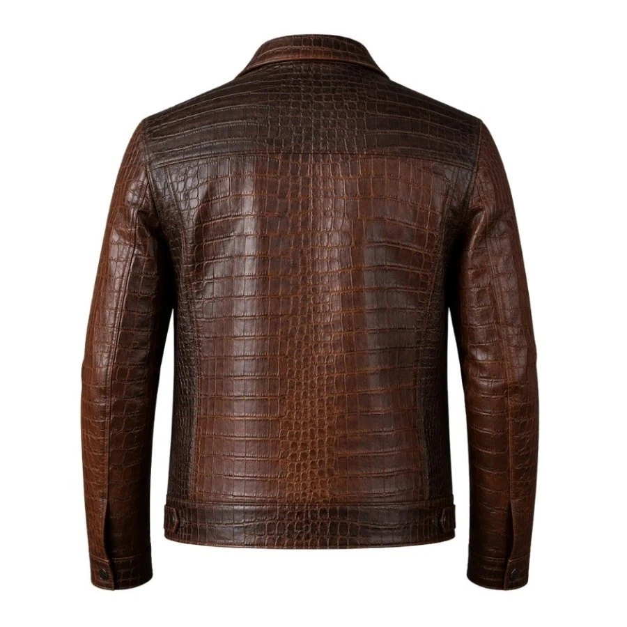 Men's Genuine Leather Jacket Brown Crocodile Embossed Zip Up Coat - product detail image 4