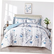 7 Piece Bed in a Bag Queen Comforter Set with Queen-7 Pieces Blue Flower Branch