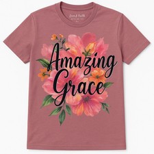 Love in Faith Amazing Grace Rose Tee Heather Mauve Sz L NWT Christian Floral