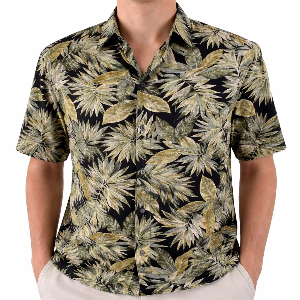 Tori Richard Hawaiian Aloha Shirt Large Floral Leaf Fronds Green Black