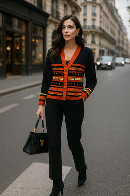Leo Castle Best Oswal Striped Knit Cardigan Sweater Black Orange Embroidered