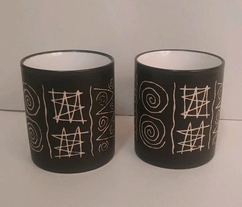 Rare Paire De Mugs Scraffito By Habitat Céramique Japan , Vaisselle Vintage 80's - Photo 3/4
