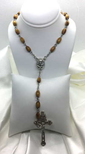 Perline in legno di olivo cattolico rosario Vergine Maria & Bambino con crocifisso tonalità argento 2217 - Foto 1 di 8