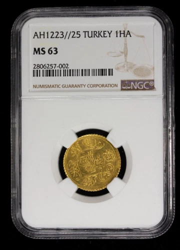 TURKEY: Mahmud II, 1808-1839, gold hayriye altin, TOP 1, AH1223 NGC  MS63