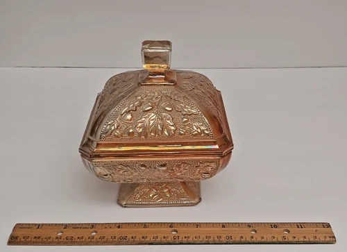 VTG Jeanette Marigold Carnival Glass Candy Square Pedestal Dish w/Lid