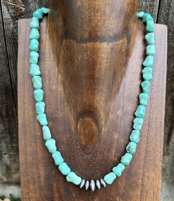 Mens Unisex Sterling Silver Bone Turquoise Bead Necklace. 18 inch. Gift
