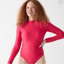 J. Crew Cranberry Pink Ribbed Long Sleeve Rash Guard Swimsuit One Piece Sz 4