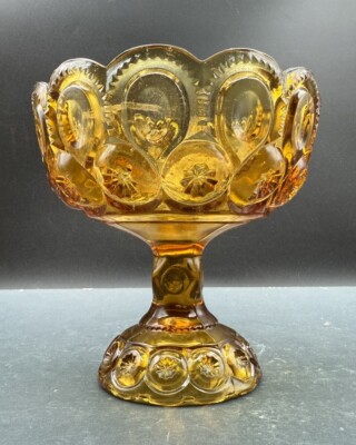 Vtg L E Smith Amber Glass Moon & Stars Pedestal Compote / Candy Dish BB
