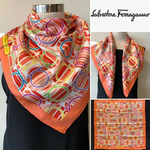 Salvatore Ferragamo Orange Comb Logo & Stripe Scarf Silk Twill 68x68cm  Handroll | eBay