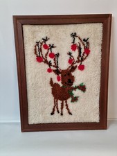 VTG Latch Hook Christmas Reindeer Wall Hanging Rug COMPLETE Retro Framed 31 x 24