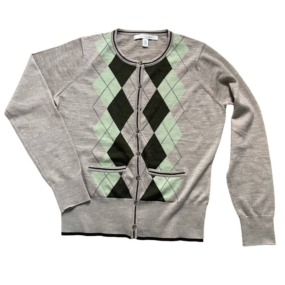 Allegory Merino Wool Cardigan Sweater Women's Medium Argyle Office