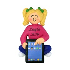 Personalized Christmas Ornament - Blonde Female with Tablet Computer