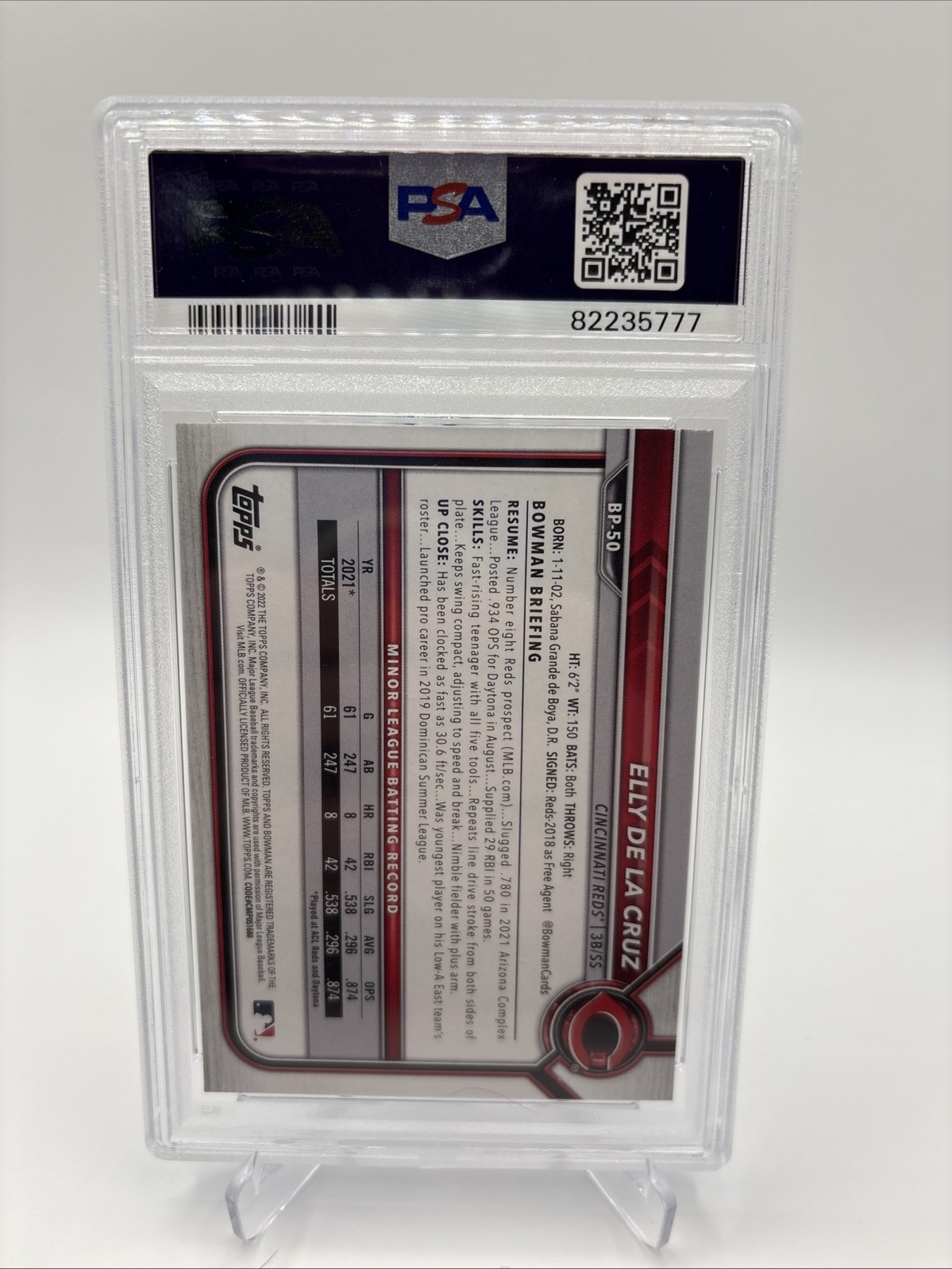 2022 Bowman Paper Prospects #BP50 Elly De La Cruz Reds RC Rookie PSA 10 view 2